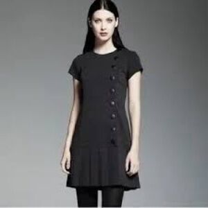 NWT CATHERINE MALANDRINO Pleated Ponte Button Detail Black Mini Shift Dress